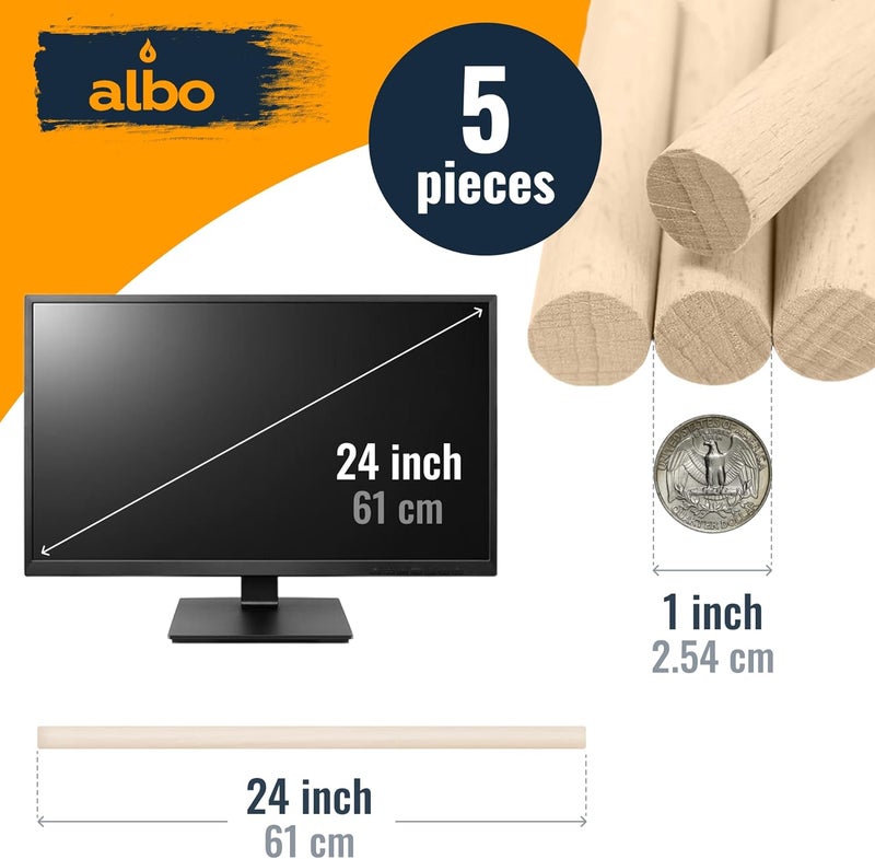 ALBO 1" x 24" Wooden Dowel Rods Set - 5 Pack Birch Natural Heavy Duty Hardwood Craft Sticks Furniture Woodworking Smooth Sanded Finish Railings Supports Decor Crafts Bulk Professional Pack - Image 2
